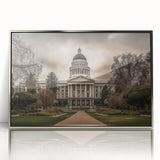 Mid-century modernist art depicting Sacramento scenery in muted earth tones on a silver-framed acrylic print.