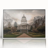 Art deco poster of Sacramento scenery in muted gray tones on framed acrylic, ideal for modern nursery wall art.