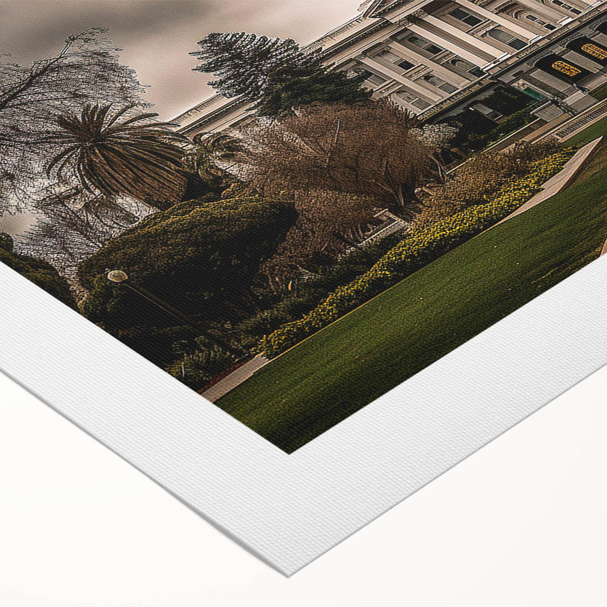 Art deco poster of Sacramento skyline in muted gold and gray tones, printed on rolled canvas, suitable for dining room decor.