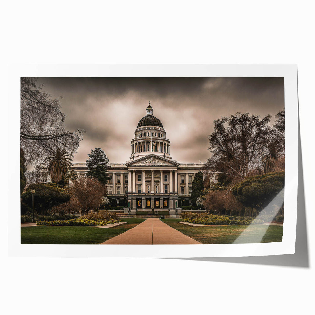 Extra large rolled print of Sacramento scenery with floral motifs in soft pastel shades, ideal for art wall dining room.