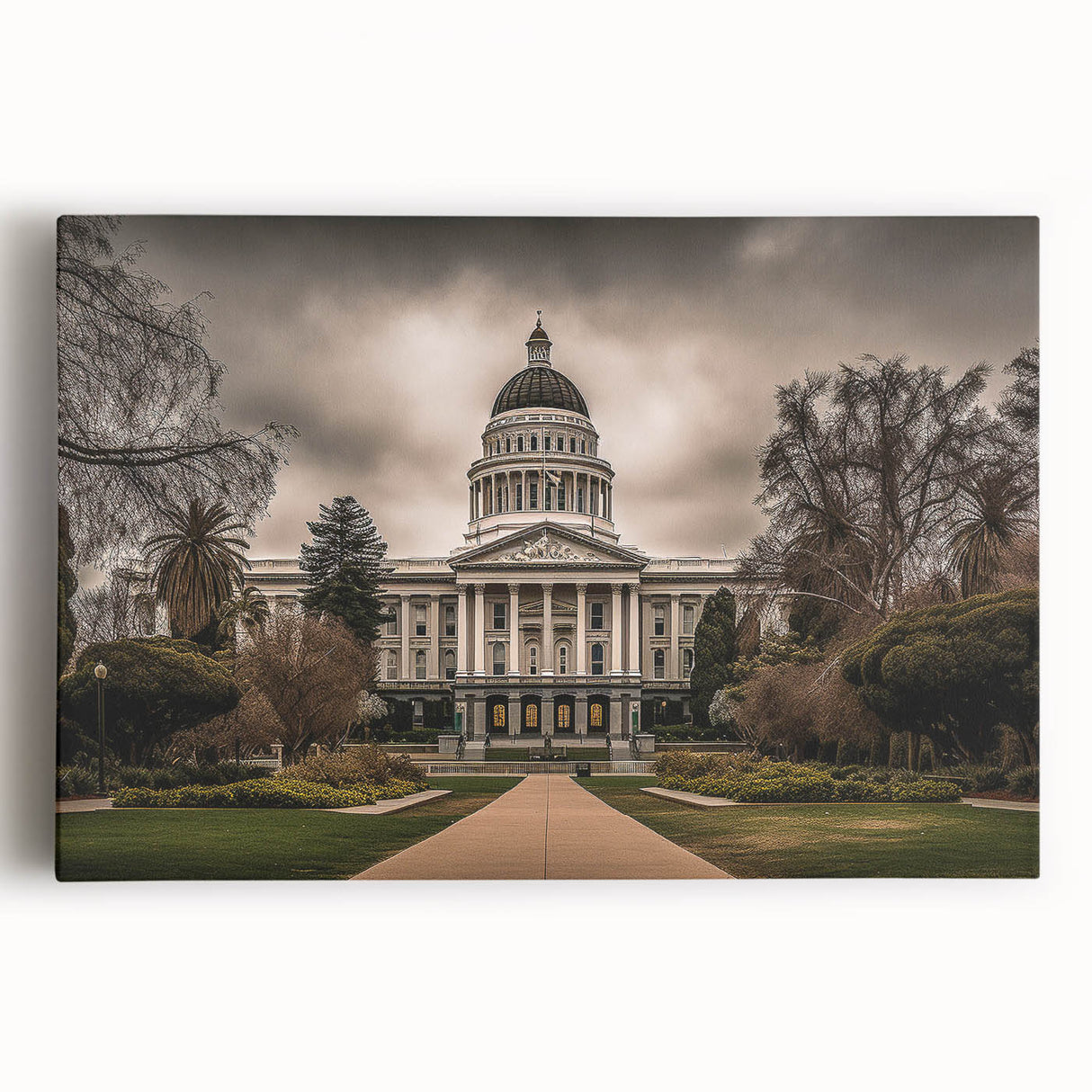 Black and white large art print of Sacramento scenery on stretched canvas, ideal for kitchen wall art.