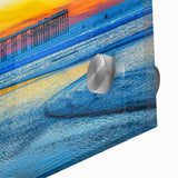 Large abstract depiction of San Diego skyline in muted blue tones on acrylic glass, suitable for dining room art.