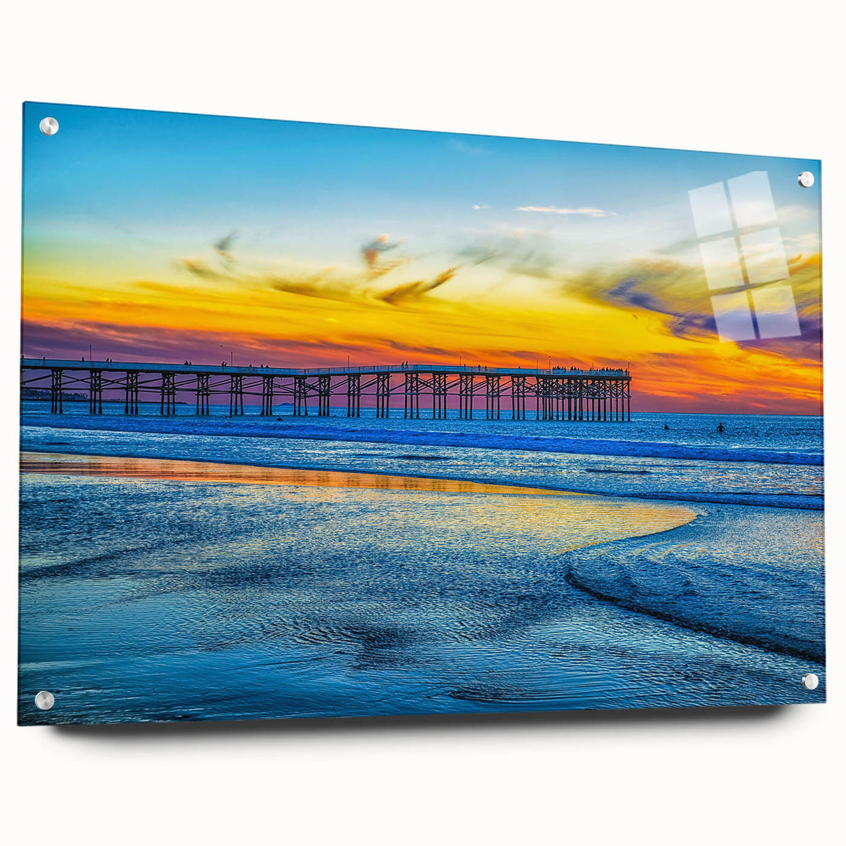 Acrylic print of abstract San Diego scenery in cool blue and gray tones, suitable for bedroom or dining room decor.