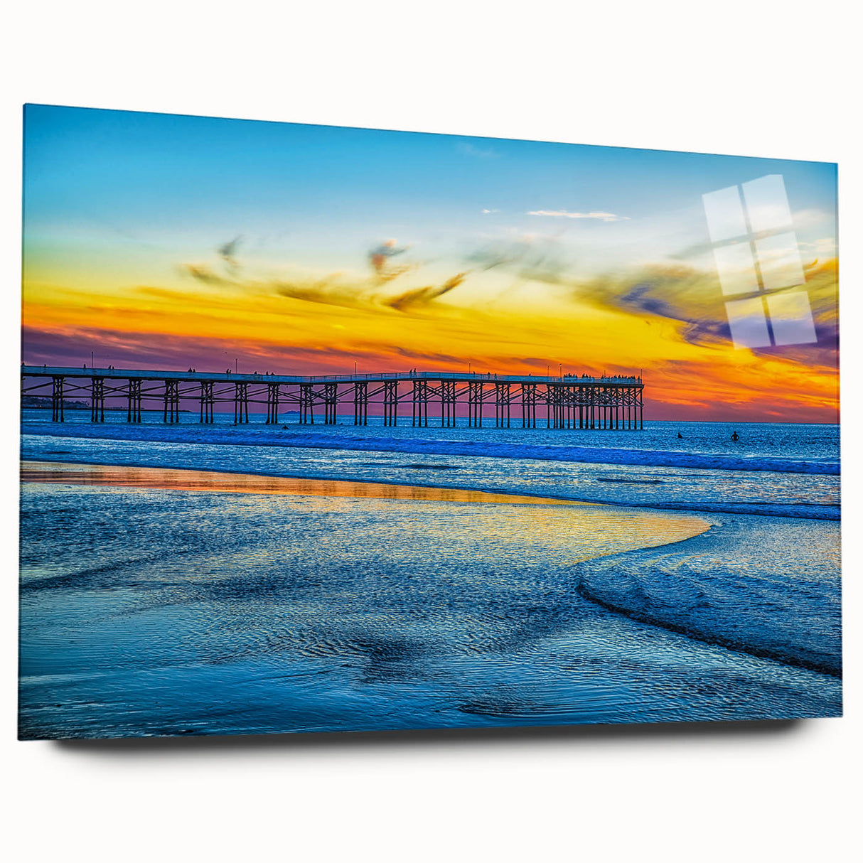 Acrylic print of a large abstract depiction of the San Diego skyline in muted blue and gray tones.
