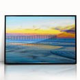 Large abstract wall art of San Diego skyline in muted blue and gray, acrylic print in a black frame.