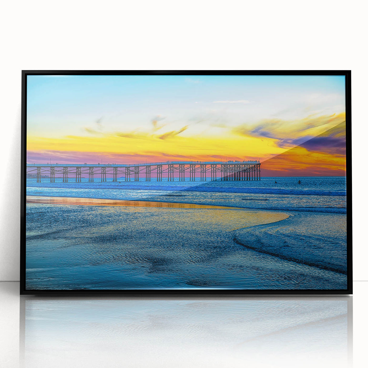 Large abstract wall art of San Diego skyline in muted blue and gray, acrylic print in a black frame.