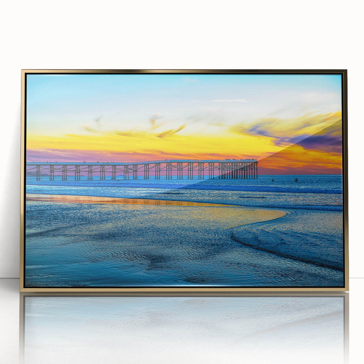 Large acrylic print of San Diego skyline in mid-century modernist style with gold frame, ideal for modern art wall decor.