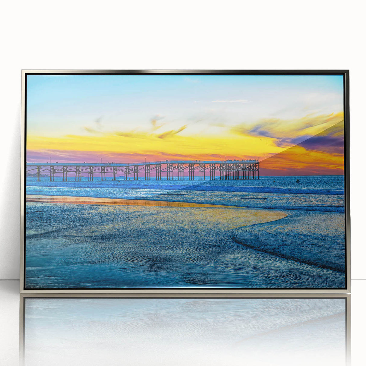Mid-century modernist art depicting San Diego skyline in muted blue tones on a framed acrylic print.