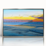 Mid-century modernist art depicting San Diego skyline in muted blue tones on a framed acrylic print.