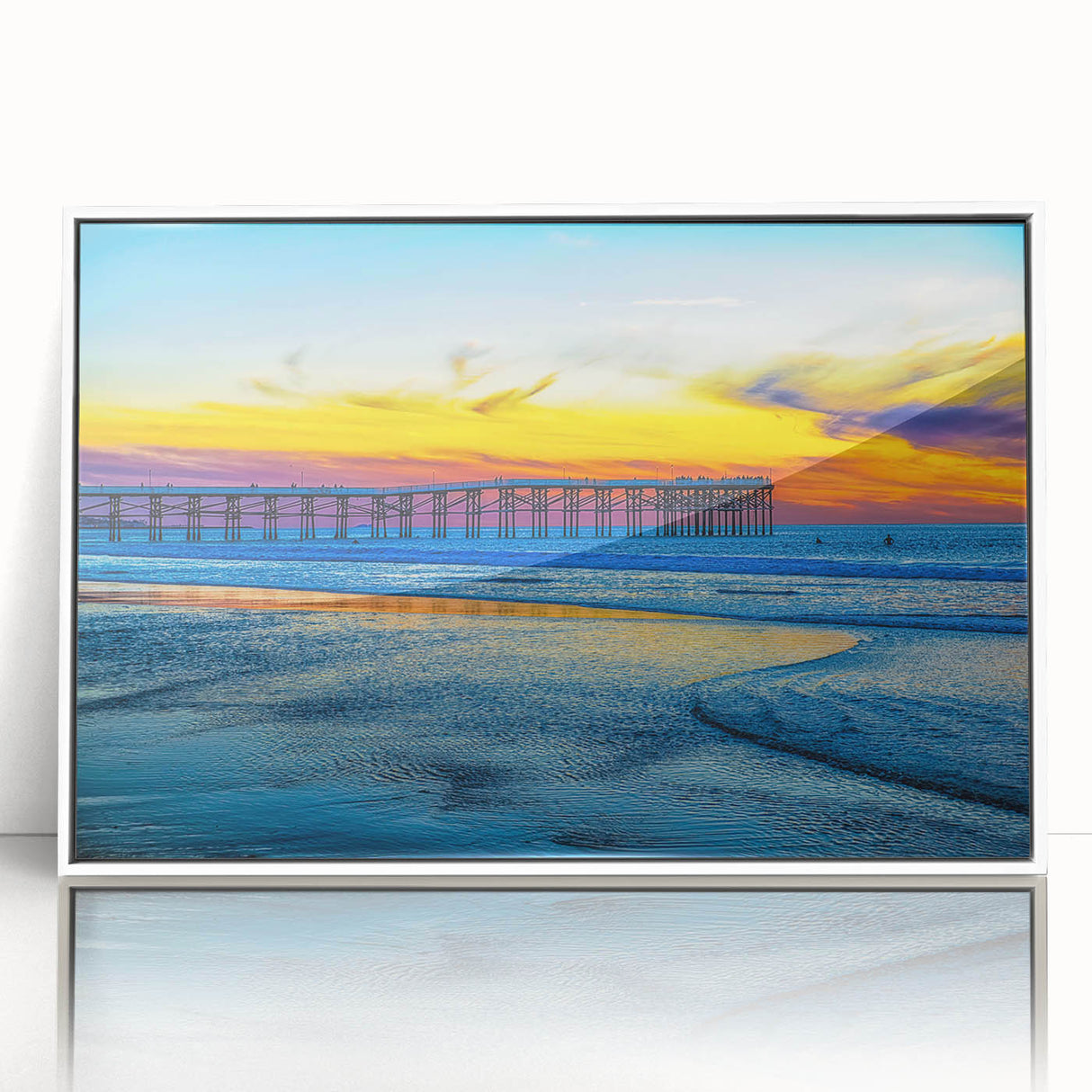 Framed acrylic print of San Diego skyline with pastel shades, ideal for modern art wall decor in a nursery.