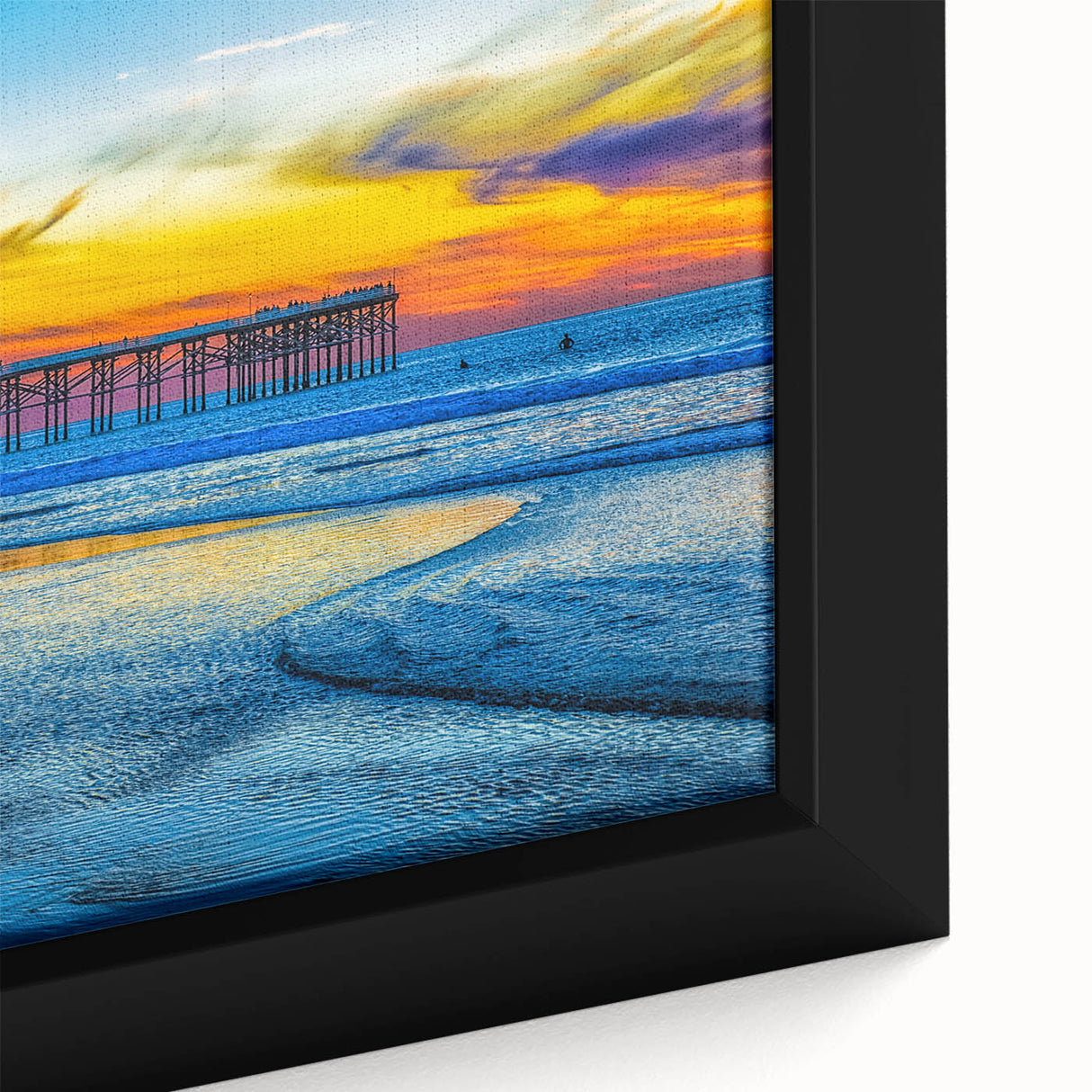 Black wall art of San Diego scenery on extra large framed canvas featuring colorful, textured brush strokes.
