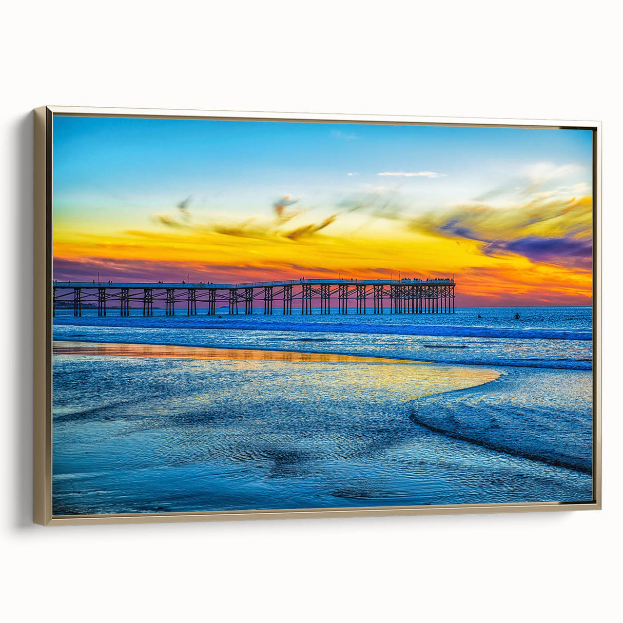 Framed canvas of San Diego landscape in gold and black tones, ideal for bedroom wall art.