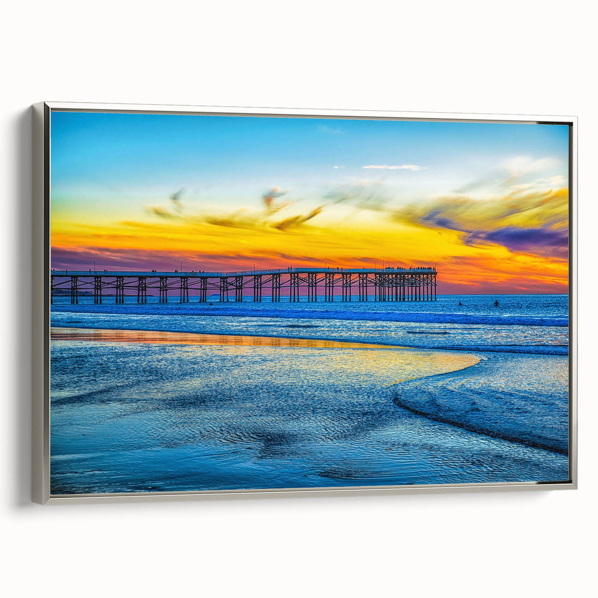 Framed canvas landscape art painting of San Diego skyline in muted black and colorful accents, ideal for office decor.