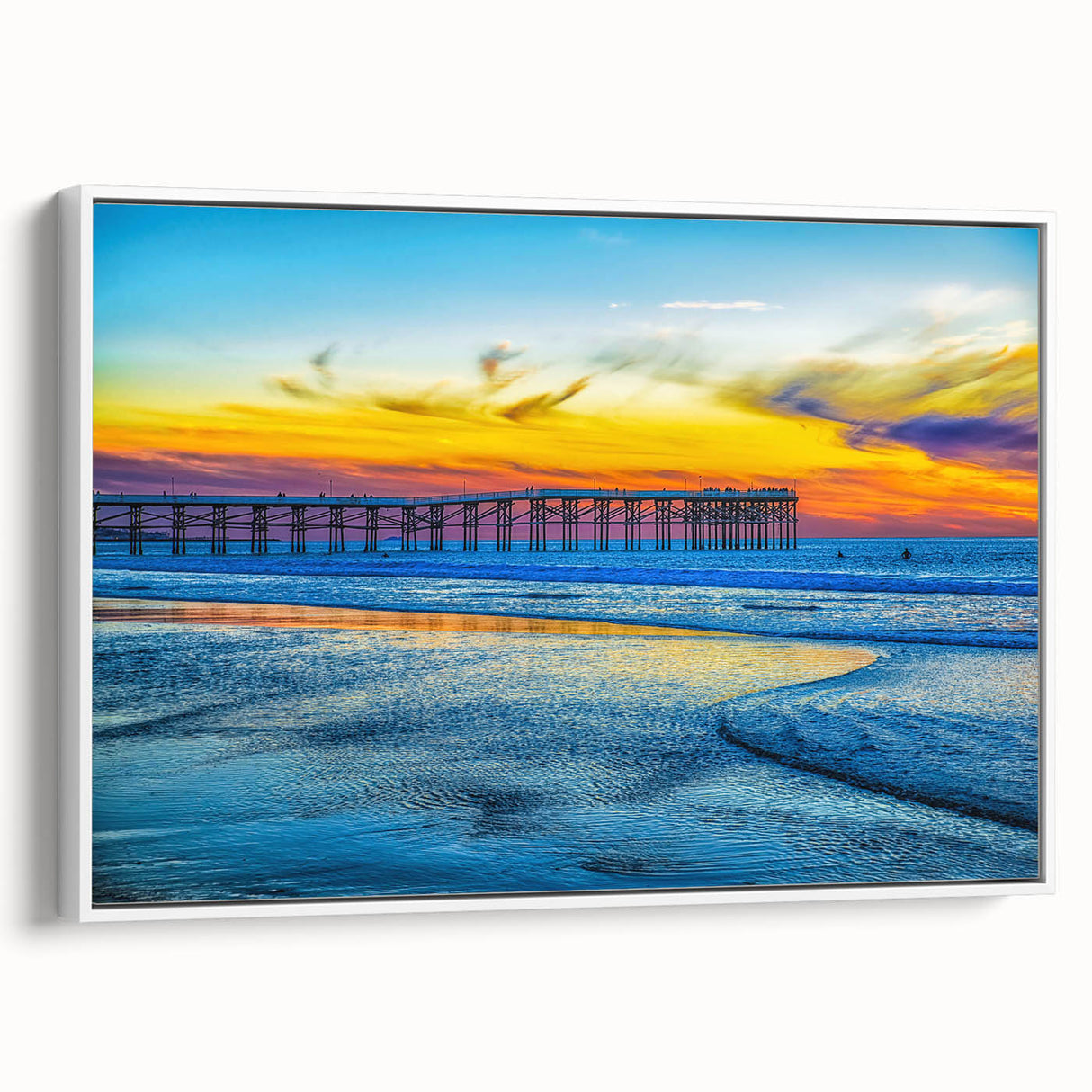 Vintage poster art of San Diego scenery in vibrant colors on a large framed canvas, ideal for living room decor.