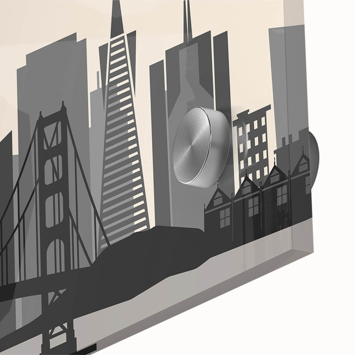 Large abstract wall art of San Francisco skyline in muted blues and grays on acrylic, ideal for dining room ambiance.