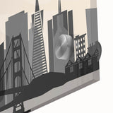 Large abstract wall art of San Francisco skyline in muted blues and grays on acrylic, ideal for dining room ambiance.