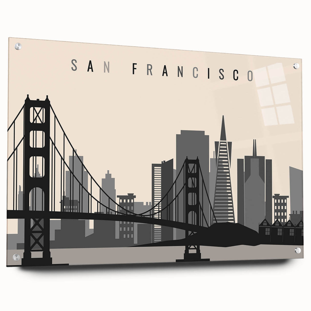 Acrylic print of San Francisco skyline in muted blue and gray tones, ideal for dining room decor.