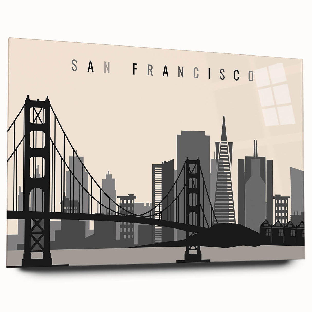 Large abstract depiction of San Francisco skyline in muted blue and gray tones on acrylic glass.