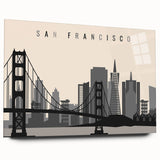 Large abstract depiction of San Francisco skyline in muted blue and gray tones on acrylic glass.