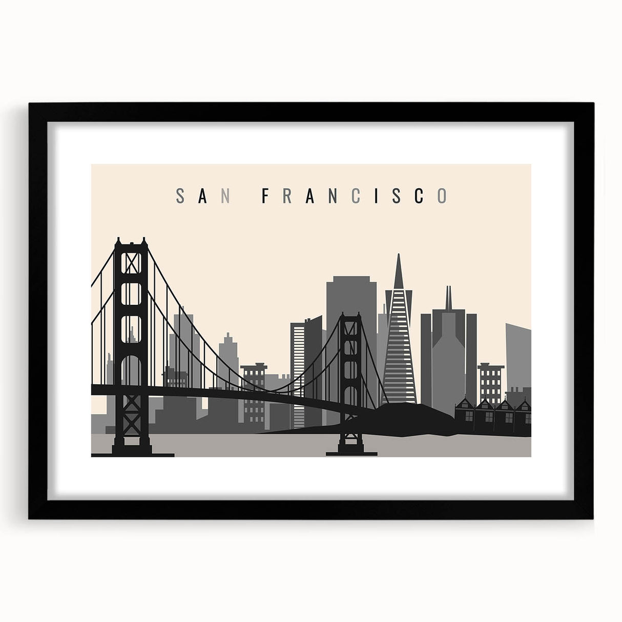 Extra large abstract art print of San Francisco in colorful, textured hues on a black framed canvas.