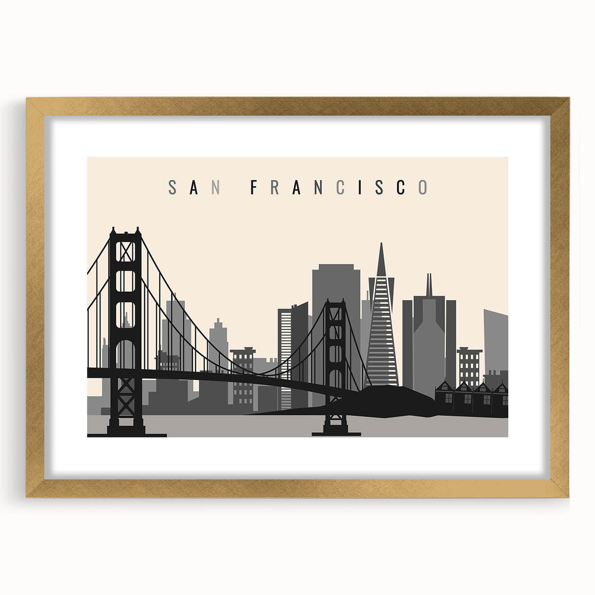 Extra large abstract art print of San Francisco skyline in muted gray and blue tones, framed in gold.