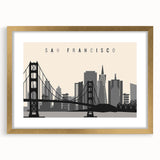 Extra large abstract art print of San Francisco skyline in muted gray and blue tones, framed in gold.