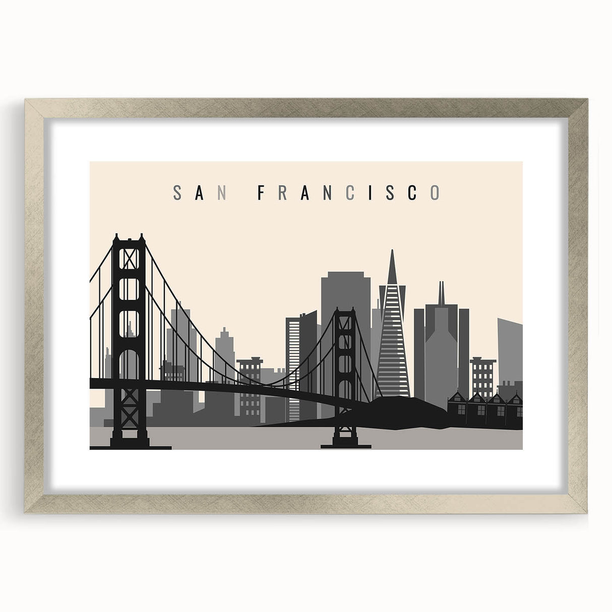 Textured abstract art print of San Francisco skyline in muted gray tones on a framed canvas, suitable for bedroom art.