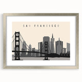 Textured abstract art print of San Francisco skyline in muted gray tones on a framed canvas, suitable for bedroom art.
