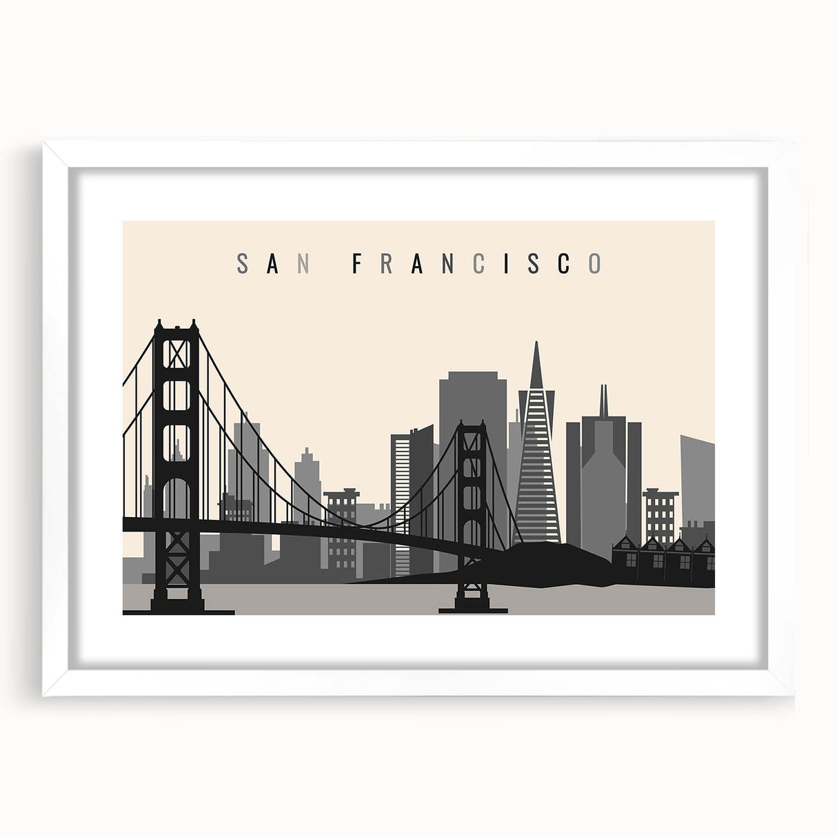 Abstract art print of San Francisco skyline in muted blue and gray tones on a framed white mat, ideal for dining room decor.