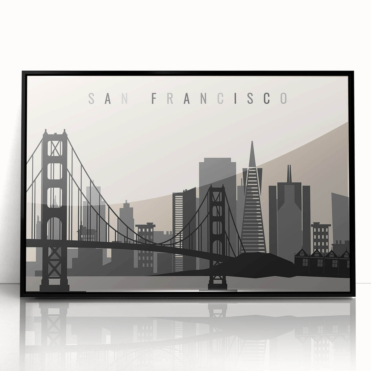 Large abstract wall art of San Francisco skyline in black and gray tones on framed acrylic.