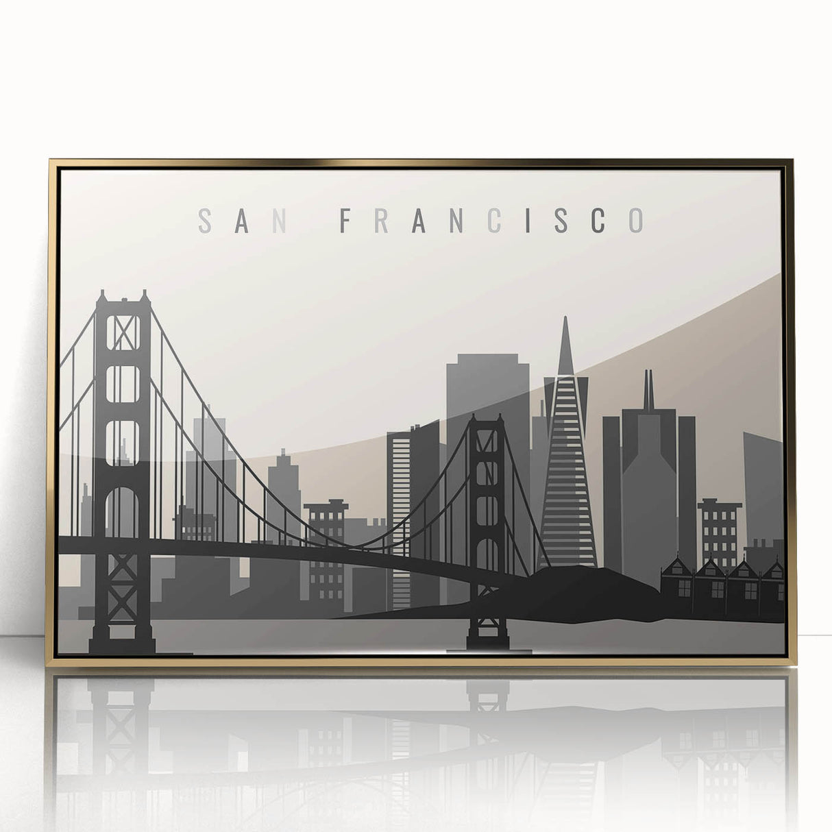 Mid-century modernist art of San Francisco skyline in gold and blue hues on framed acrylic, suited for modern art wall decor.