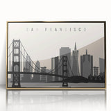 Mid-century modernist art of San Francisco skyline in gold and blue hues on framed acrylic, suited for modern art wall decor.