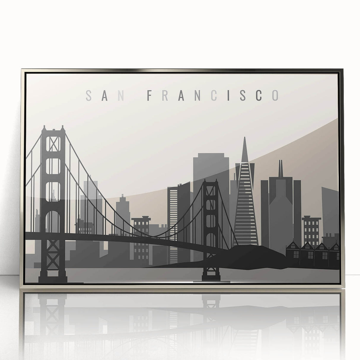 Mid-century modernist art of San Francisco skyline in silver framed acrylic, with muted earth tones.