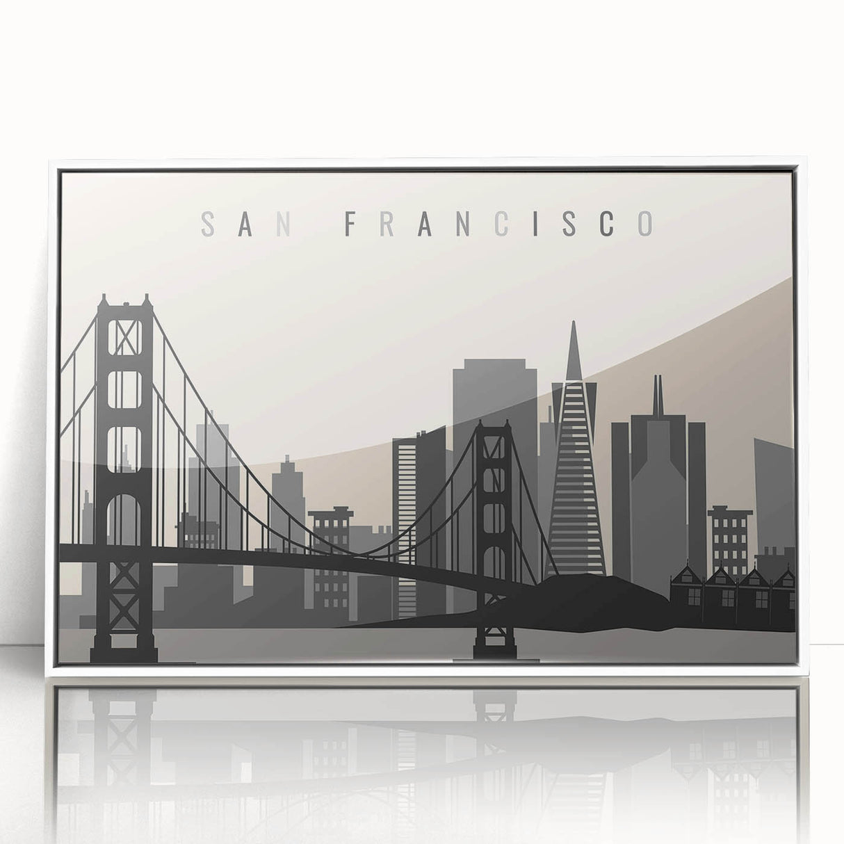 Acrylic print of the San Francisco skyline in muted grays and blues, framed in white, suitable as modern art wall decor.