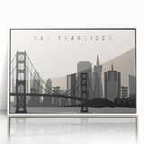 Acrylic print of the San Francisco skyline in muted grays and blues, framed in white, suitable as modern art wall decor.