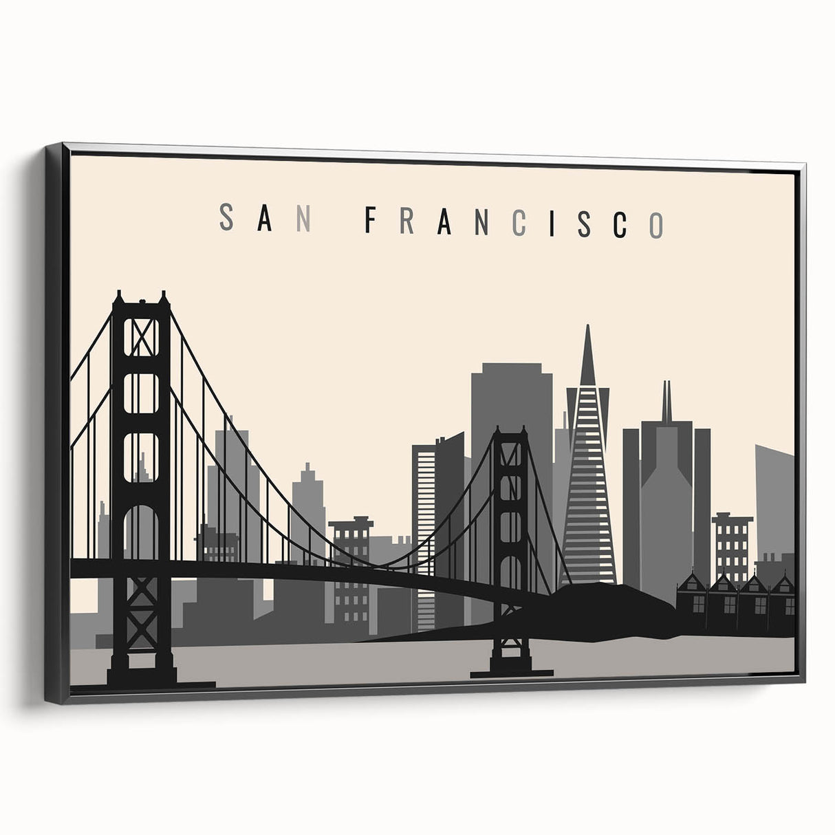 Black and white framed canvas of San Francisco landscape, ideal for bedroom wall art.