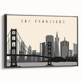 Black and white framed canvas of San Francisco landscape, ideal for bedroom wall art.