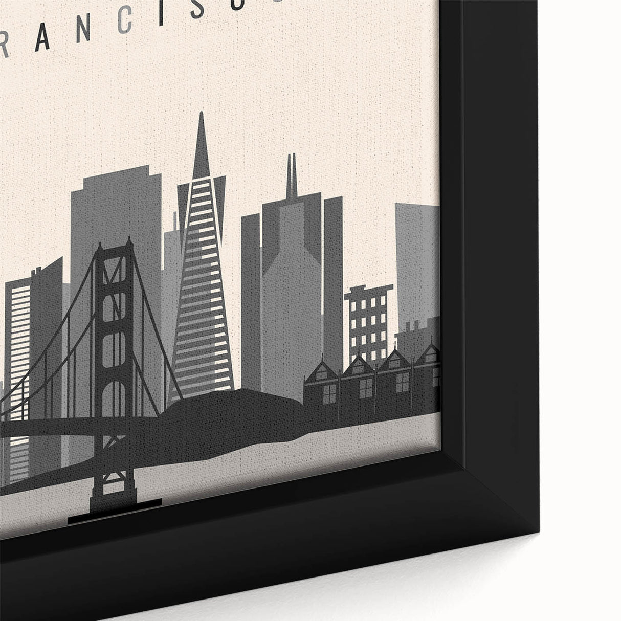 Black wall art featuring a textured depiction of the San Francisco skyline in vibrant colors on a framed canvas.