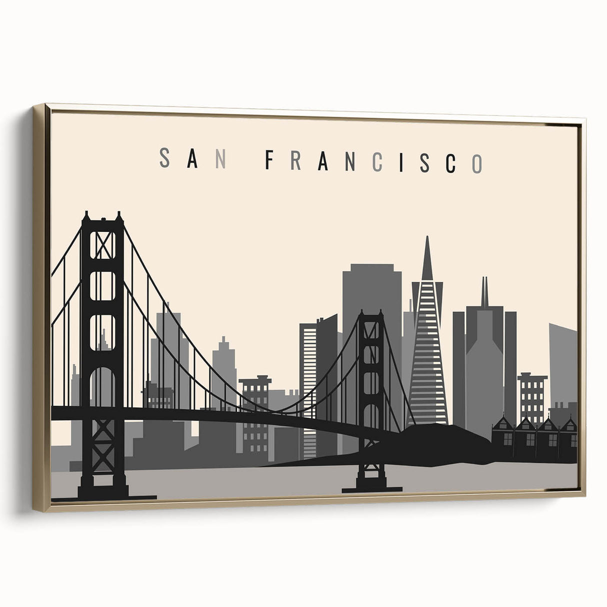Framed canvas of San Francisco landscape in vintage poster style with a black and gold color palette.