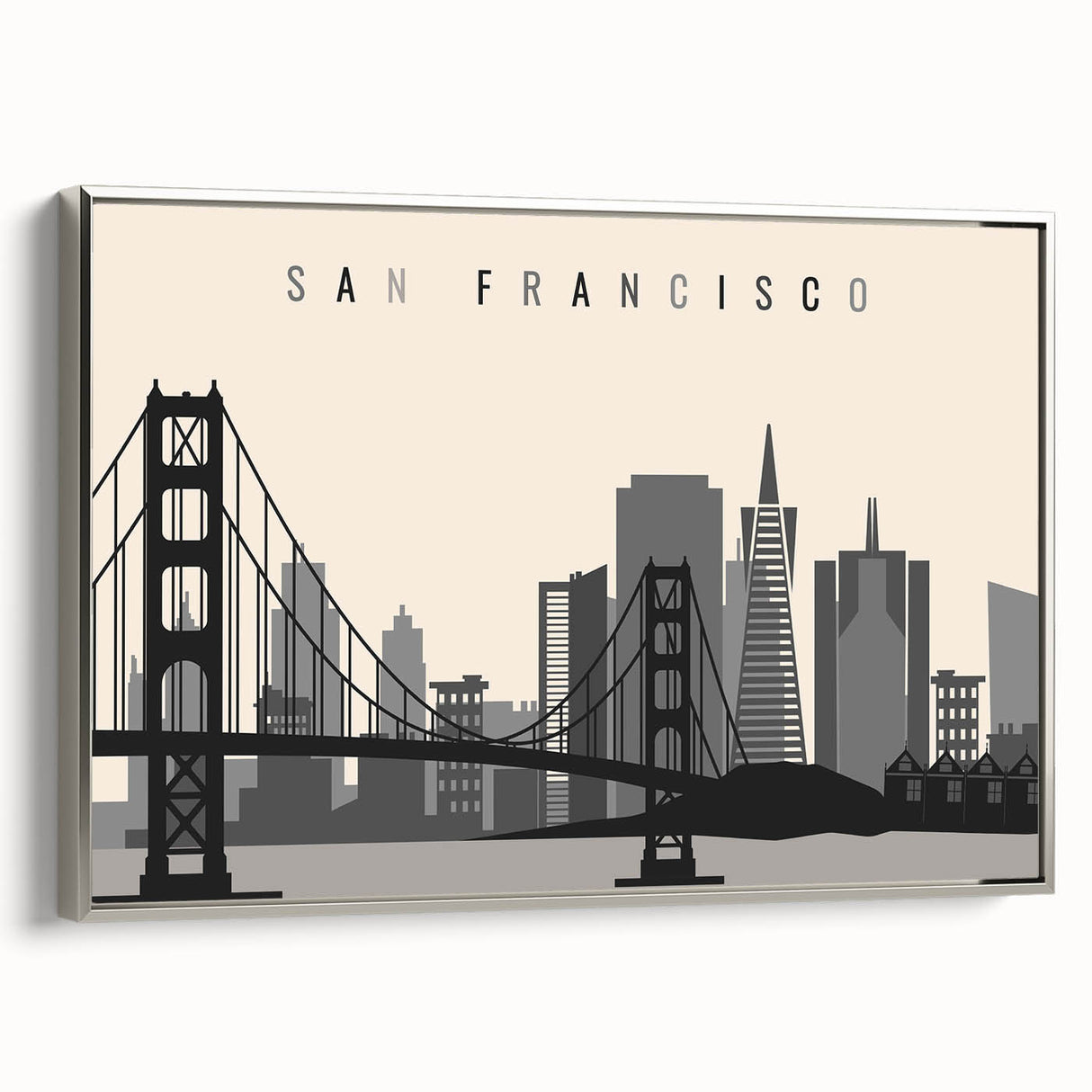 Landscape art painting of San Francisco, featuring colorful palette on framed canvas, ideal for office decor.