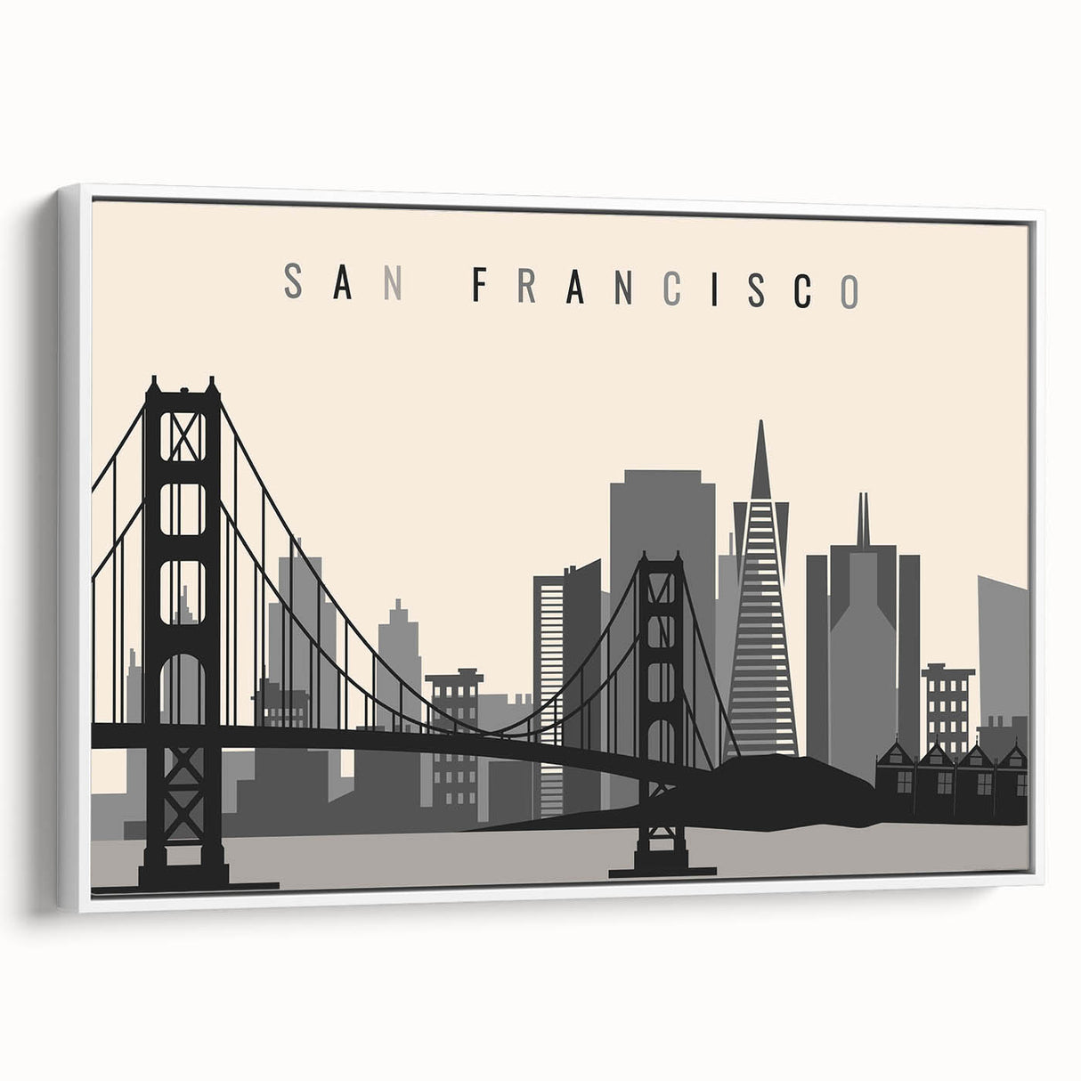 Vintage poster art of San Francisco with colorful elements on a black background, framed canvas, ideal for living room decor.