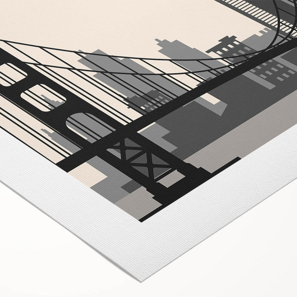 Art deco poster featuring the San Francisco skyline in muted silver and blue tones on rolled canvas.