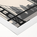 Art deco poster featuring the San Francisco skyline in muted silver and blue tones on rolled canvas.