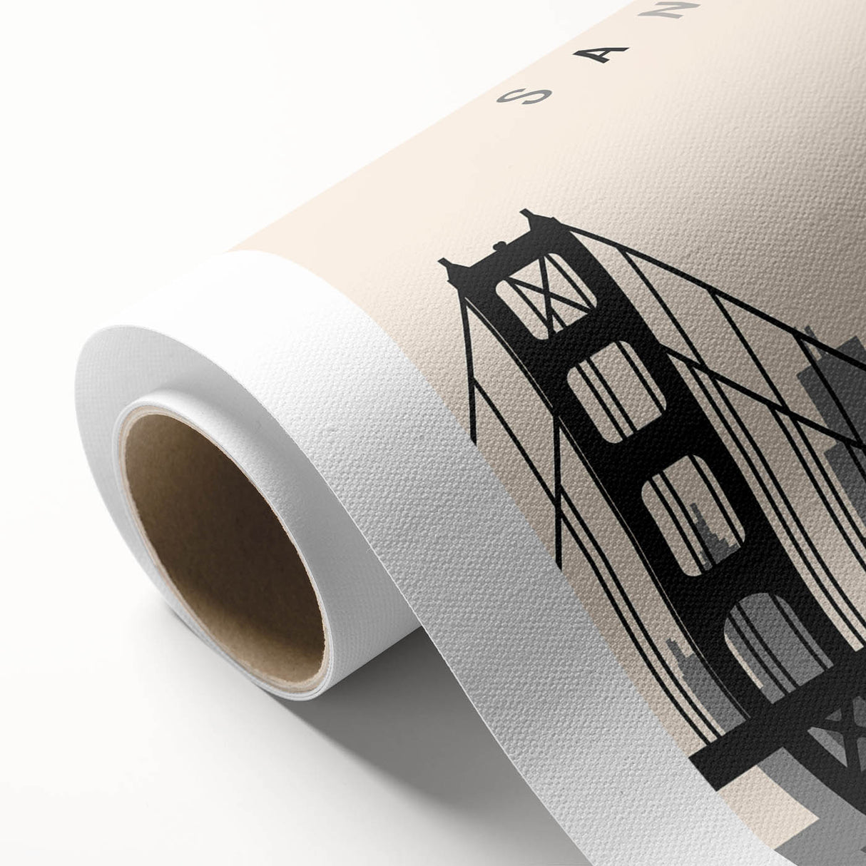 Art deco poster of San Francisco skyline in pastel shades on rolled canvas, ideal for nursery wall art.