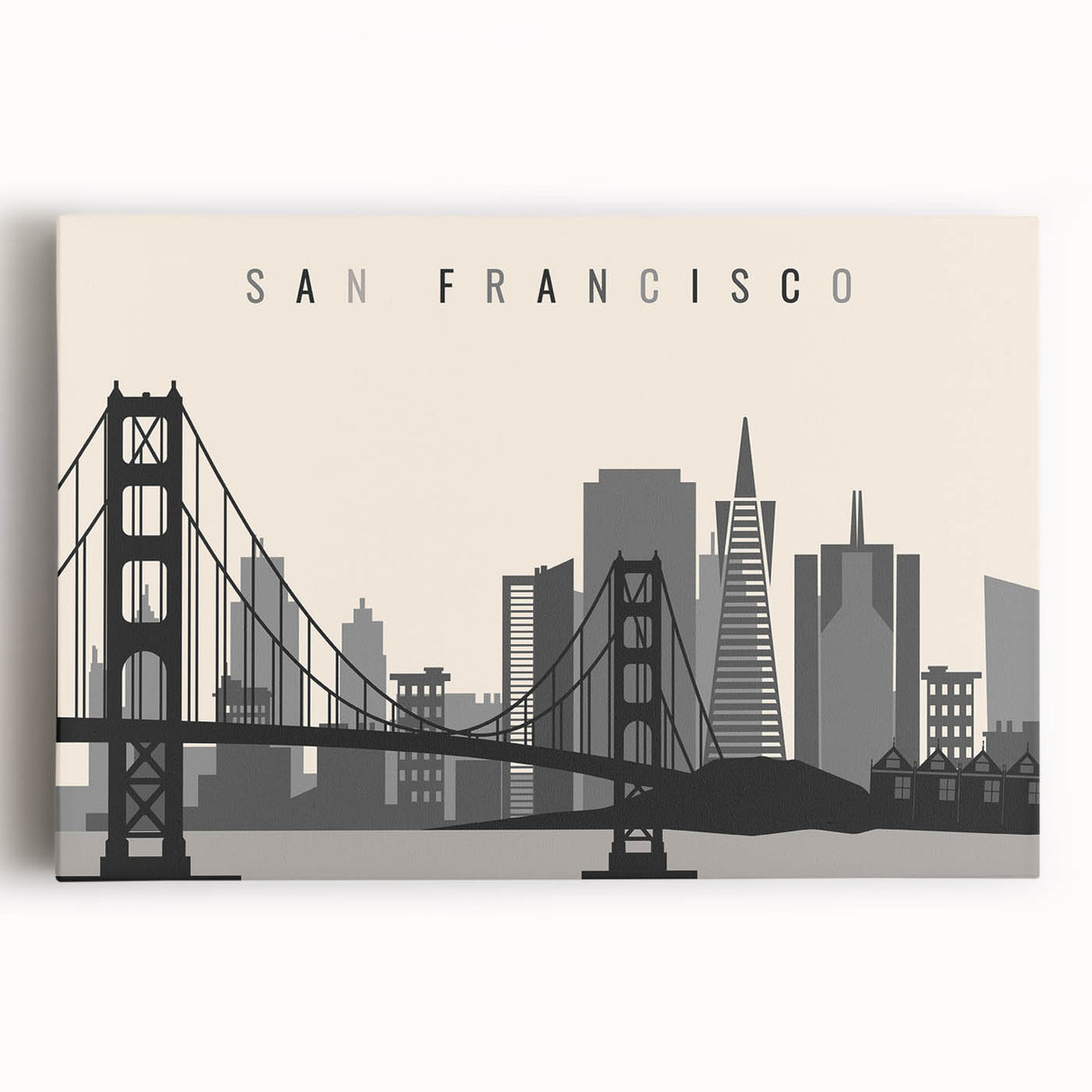 Black and white photo of San Francisco skyline on large stretched canvas, suitable for kitchen art.