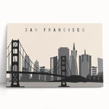 Black and white photograph of the San Francisco skyline on stretched canvas, ideal for kitchen wall art.