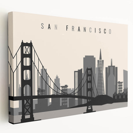 San Francisco skyline in muted gray tones on large stretched canvas, suitable for kitchen wall art.