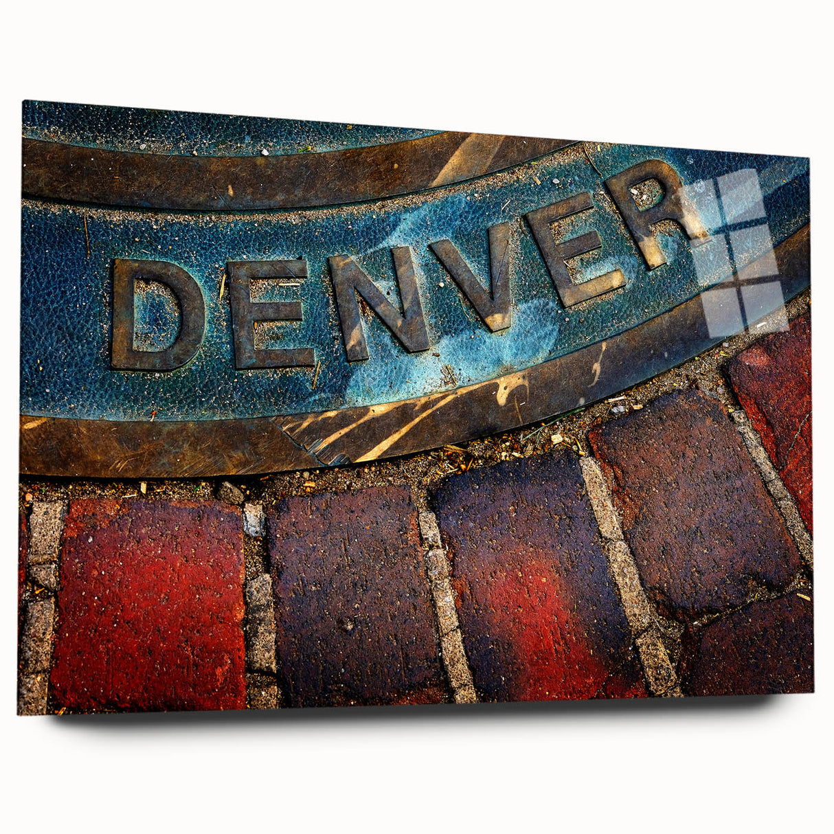 Large abstract wall art of Denver skyline in muted blue tones on acrylic glass, ideal for bedroom or dining room decor.