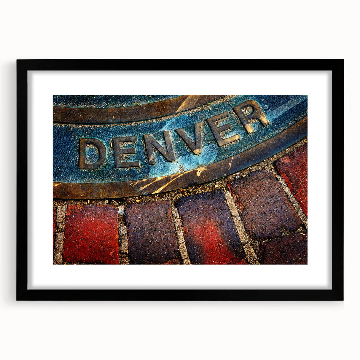 Abstract art print of Denver scenery in vibrant colors on a large textured canvas, ideal for living room decor.
