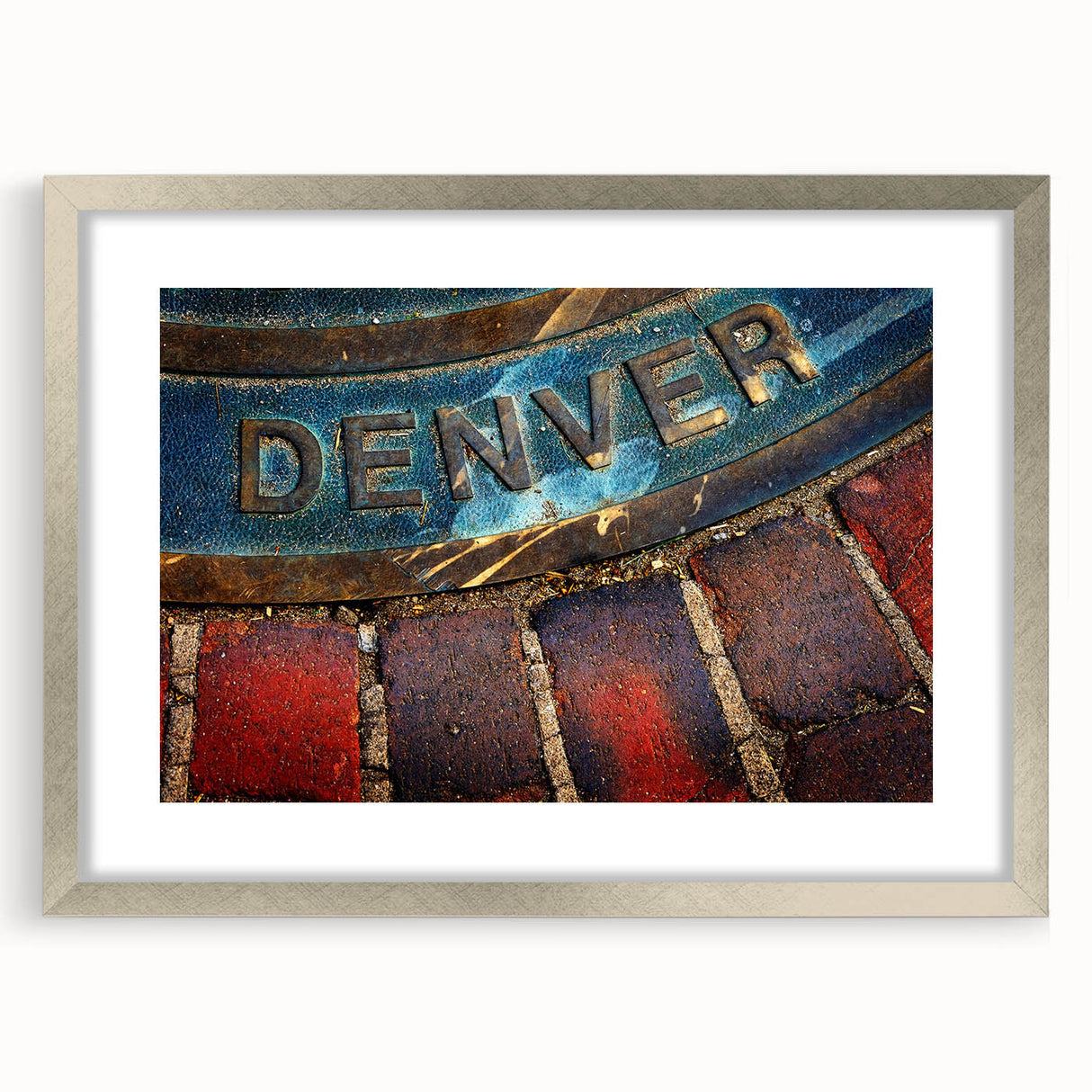 Textured abstract art print of Denver skyline in muted gray and blue tones on a framed canvas, suitable for bedroom decor.